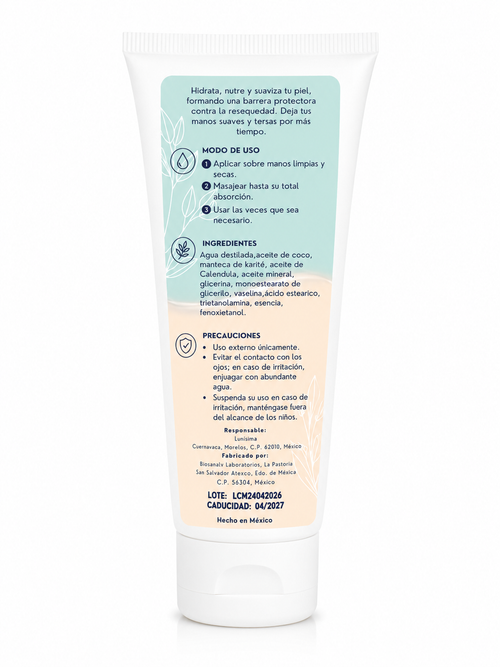 Crema Premium para manos ultra hidratante Lunisima; coco, Karité y Caléndula