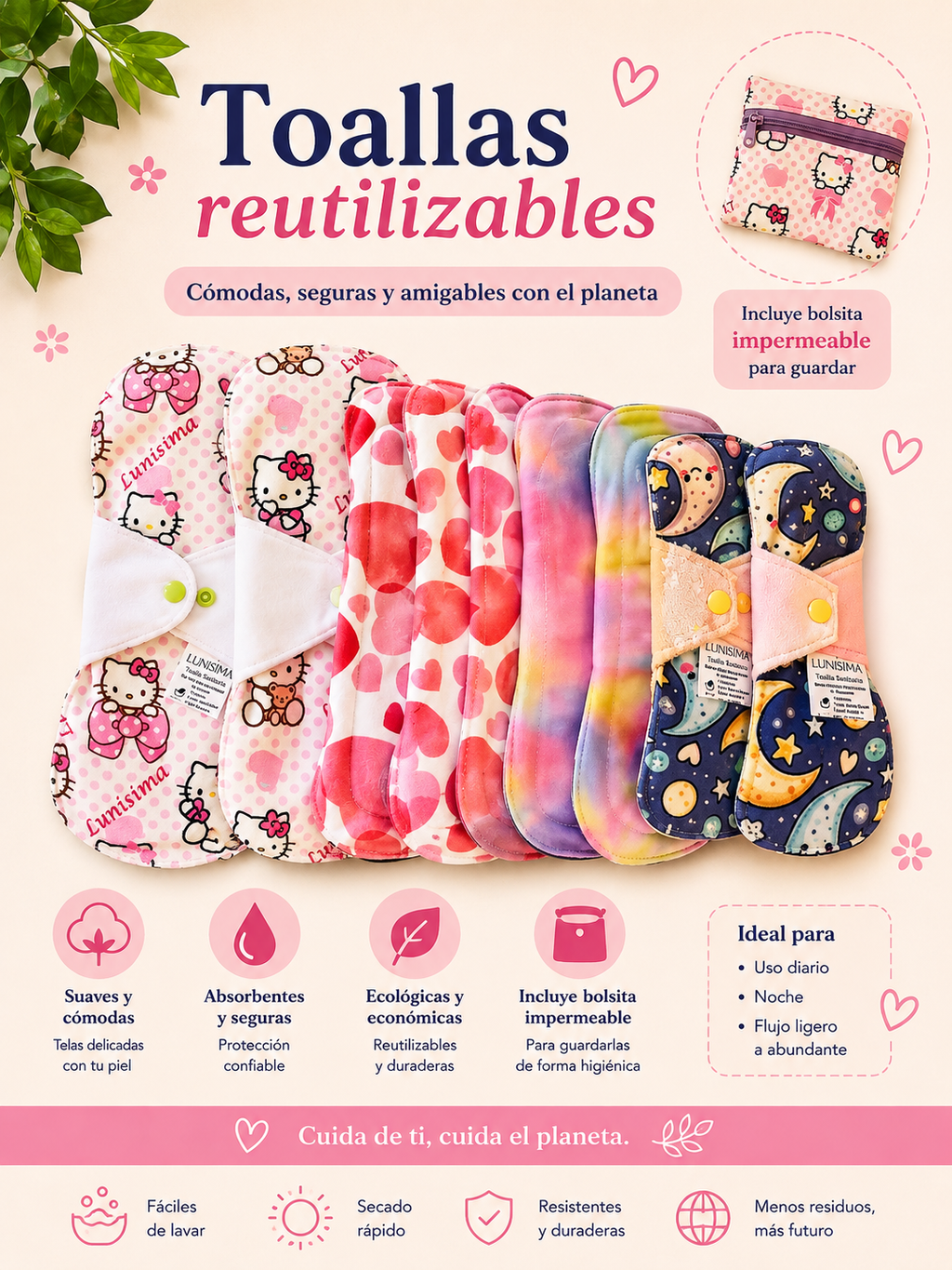Kit completo de toallas Lunisima 9 toallas y 1 bolsa