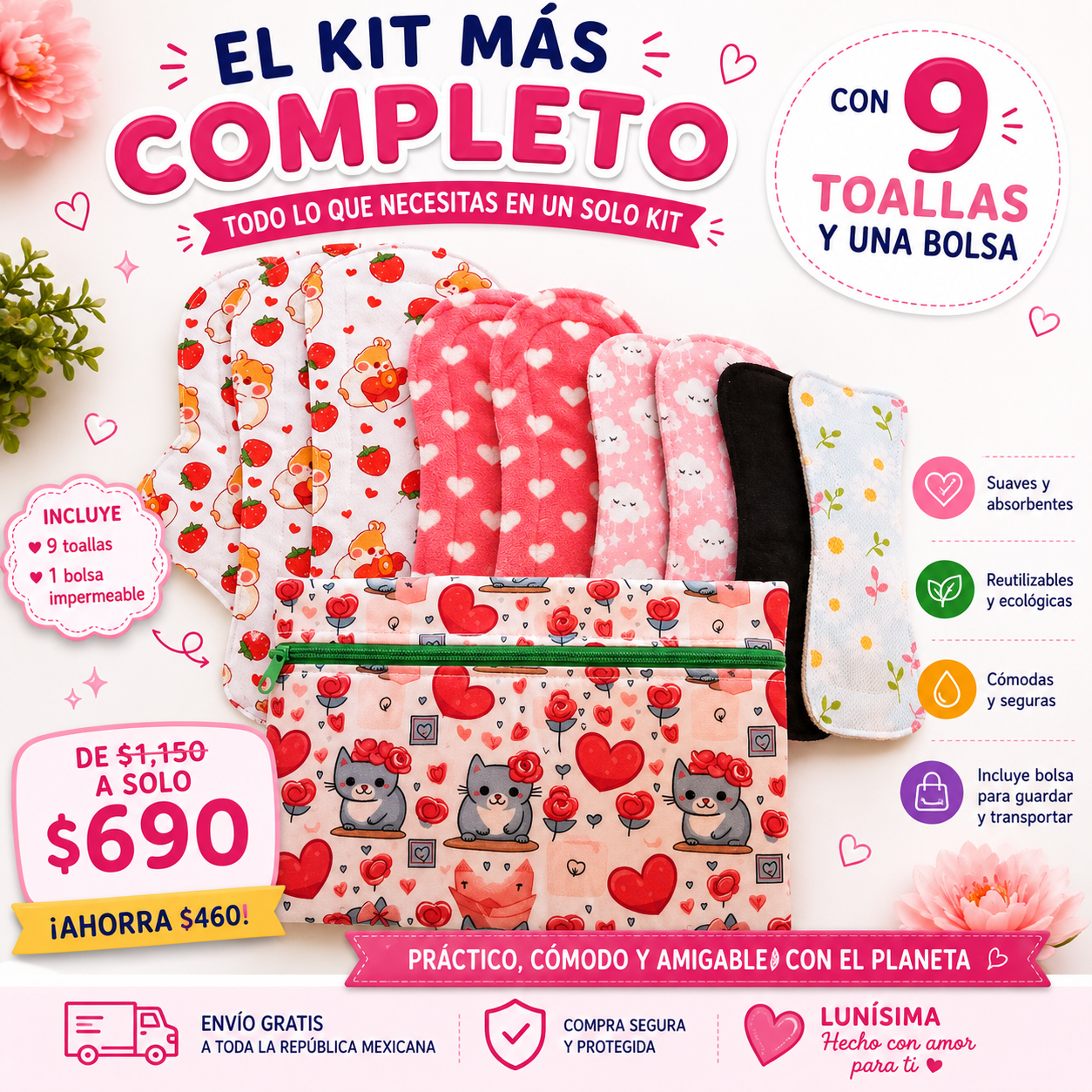 Kit completo de toallas Lunisima 9 toallas y 1 bolsa