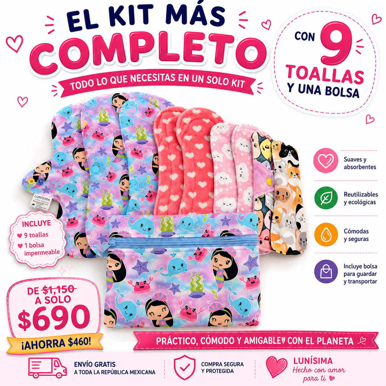 Kit completo de toallas Lunisima 9 toallas y 1 bolsa