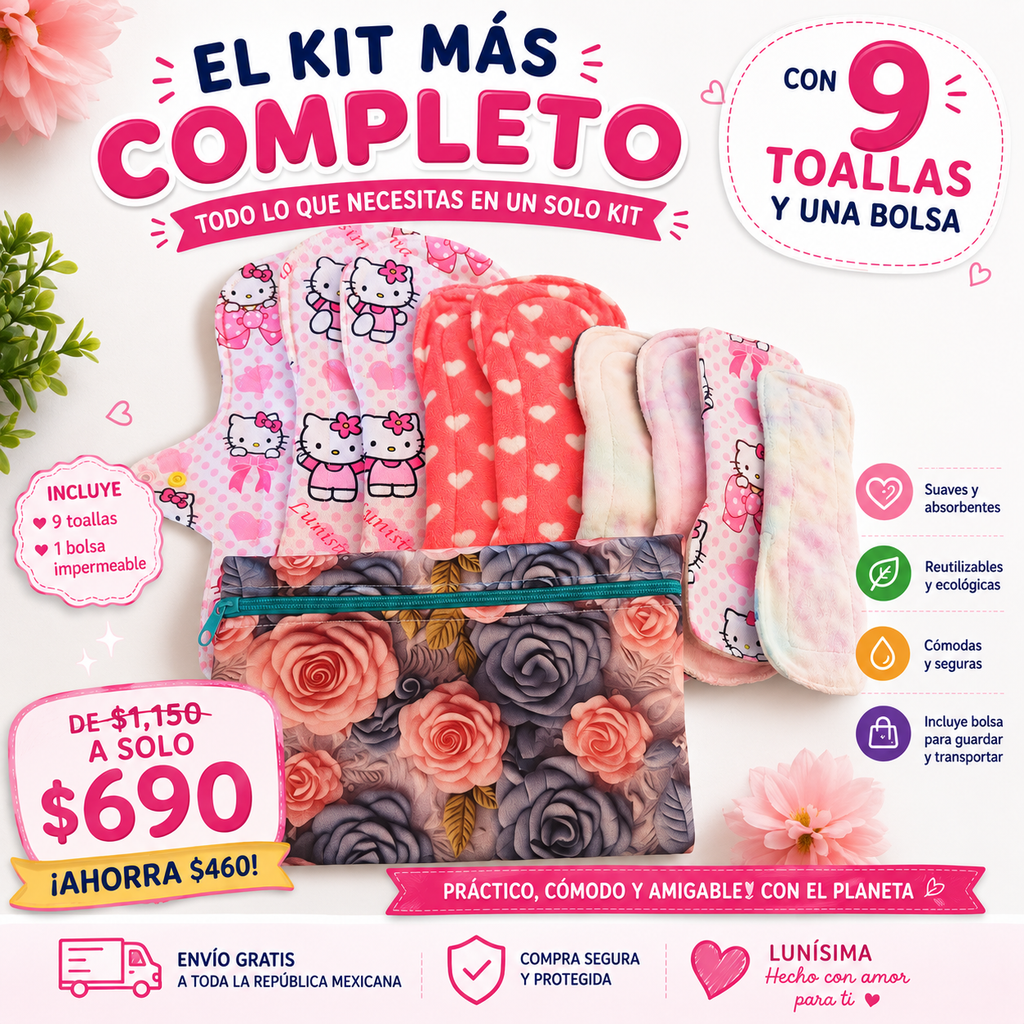 Kit completo de toallas Lunisima 9 toallas y 1 bolsa