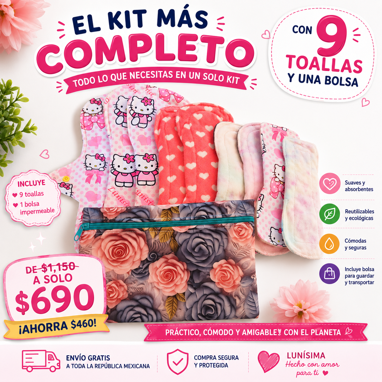 Kit completo de toallas Lunisima 9 toallas y 1 bolsa