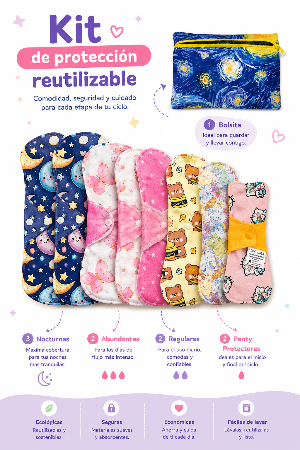 Kit completo de toallas Lunisima 9 toallas y 1 bolsa